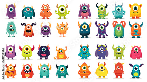 Vibrant cartoon illustration of one-eyed monsters in diverse shapes and colors. Great for kids’ designs, fun party graphics, or character concept art.