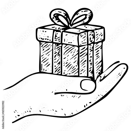 Hand holding gift box present icon hand-drawn vintage sketch