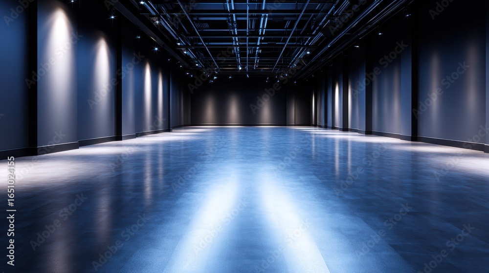 Fototapeta premium Spacious modern gallery with polished floor and dramatic lighting, ideal for exhibitions and events