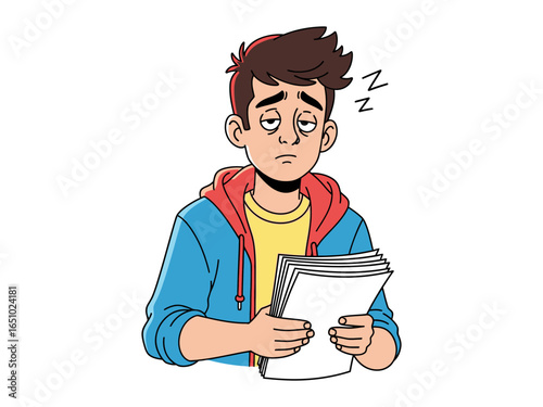 Exhausted Student's Slumber: A weary student, weighed down by study, struggles to keep his eyes open, depicting the struggle of late-night academics.