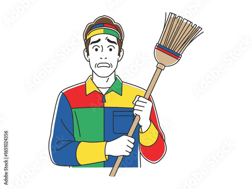 Cleaning's Unexpected Plight: A cleaning professional stands, the weight of a task evident on his face. The bold colors of his uniform contrasting with the worry.