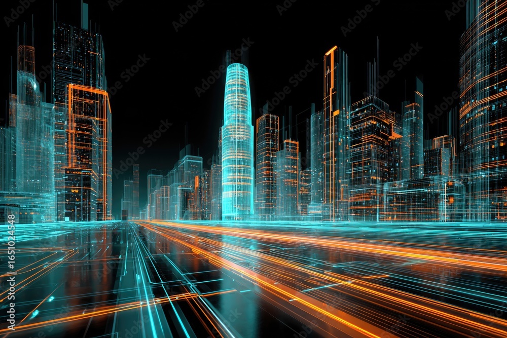 Fototapeta premium Futuristic cityscape at night with glowing network lines