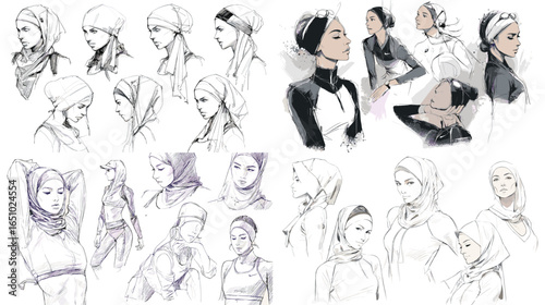 Stylish fashion sketches of women wearing sport hijabs and activewear in dynamic poses. Ideal for sportswear branding, Muslim fashion design, or editorial illustration.