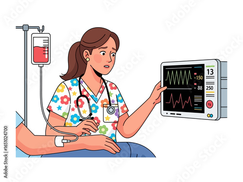 Health Monitor's Gaze: A dedicated nurse in scrubs intently observes a patient's vital signs on a health monitor, embodying compassion and medical expertise.