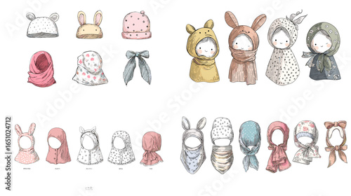 Cute watercolor illustration of baby hats, scarves, and hooded outfits with animal ears. Perfect for nursery prints, children’s fashion, or baby product branding.