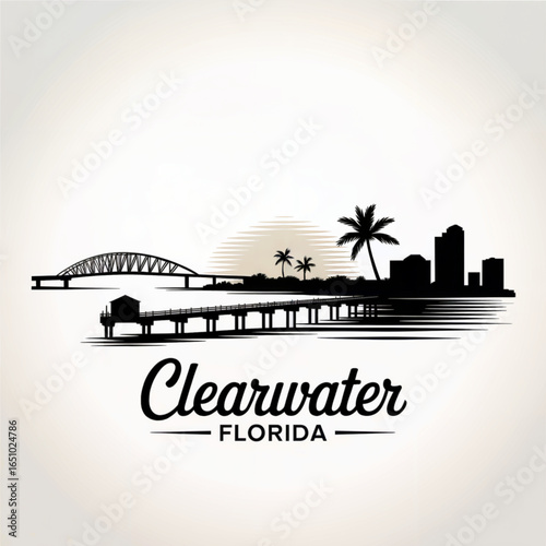 Clearwater Skyline Silhouette — Coastal Florida City with Famous Beaches Vector Illustration