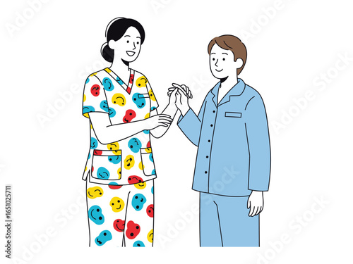 The nurse assists the patient: Depicts a nurturing interaction, nurse is helping the patient. it showing the warm, supportive bond