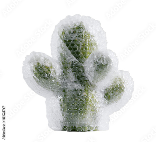 A minimalist 3D render of a cactus, completely wrapped in protective bubble wrap, is isolated on a transparent background.