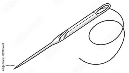Illustration of a sewing needle with thread in black and white line art style close up view on white background