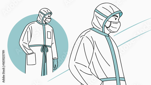 Two figures wearing protective suits and face masks standing in a white background space with lines