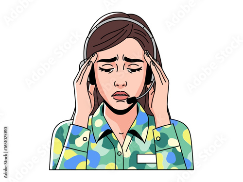 Stressed Operator at Workplace: A stressed operator, captured in a vibrant illustration, clutching her temples, her expression reflecting fatigue from relentless customer interaction. 