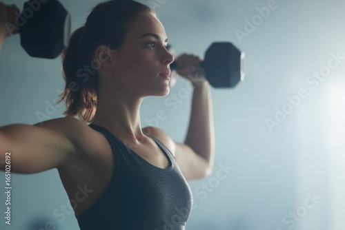 Strong woman lifting weights in dimly lit gym, showcasing determ