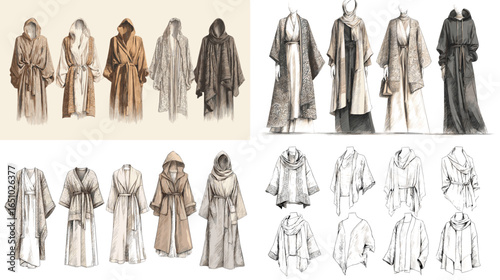Artistic robe and cloak design sketches in warm neutral tones. Hand-drawn fashion concept featuring soft drapery, folds, and garment silhouettes. Perfect for costume or textile design.