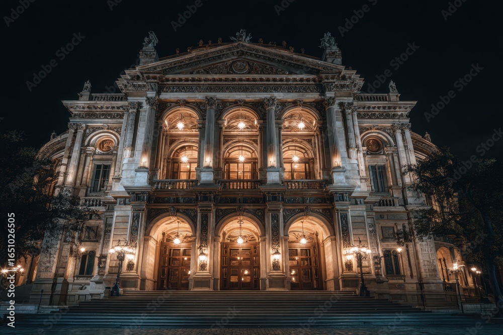 Naklejka premium Illuminated grand building at night, city backdrop, possible tourism poster