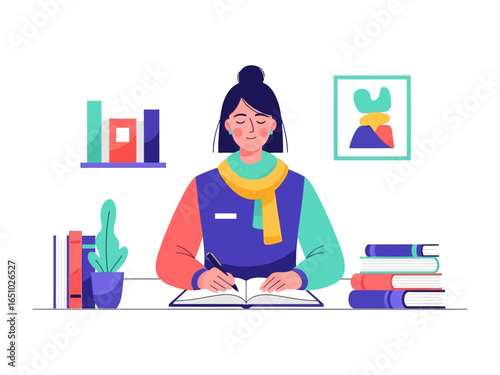 Dedicated Reader: A young woman absorbed in her reading, her brow furrowed in concentration. surrounded by open books, this illustration brings together education.