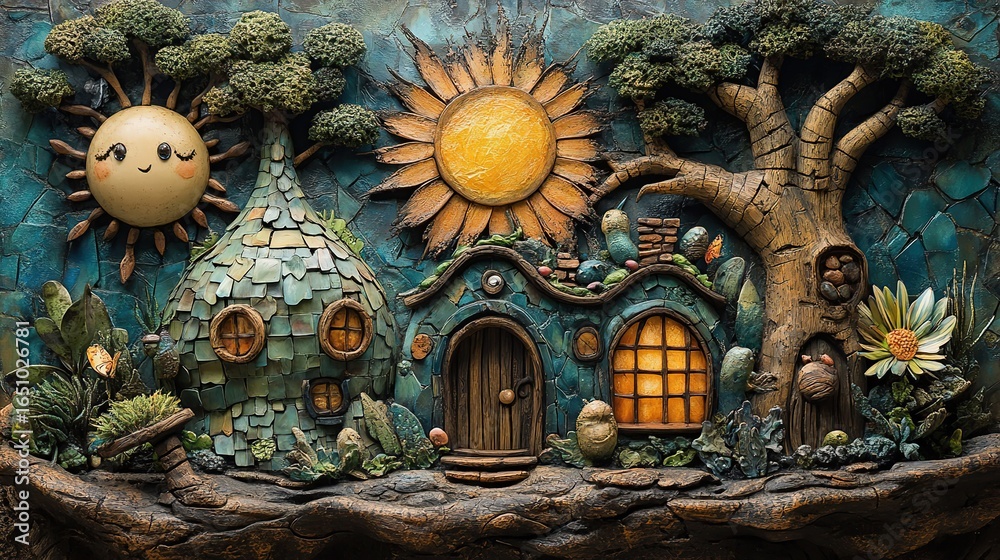 Fototapeta premium Enchanting mural sculpture of a whimsical house with glowing windows nestled between a smiling sun and a large tree surrounded by flowers bees and natural fantasy elements