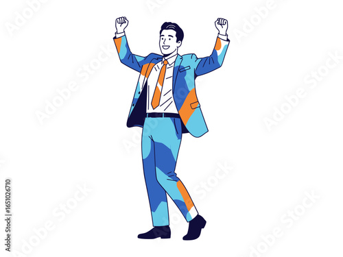 Victory in the Workplace: An illustration captures a delighted professional radiating elation with raised arms and clenched fists, symbolizing accomplishment and celebration of a triumph.