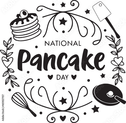 National Pancake Day Celebration with Pancakes, Cooking Utensils, and Decorative Elements