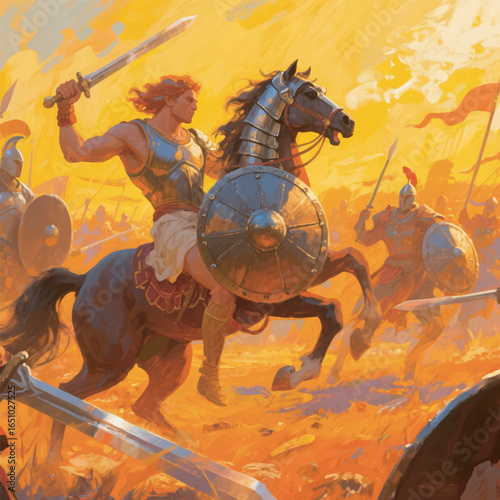 Ancient Cavalry Battle Design Template with Golden Sunset Background