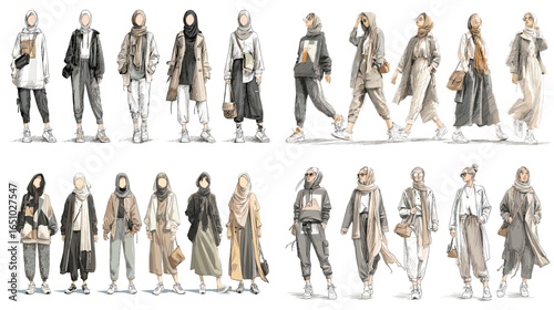 Stylish modest fashion streetwear illustration featuring hijab models in layered outfits, coats, and sneakers. Trendy modern muslim fashion design concept for branding and art.