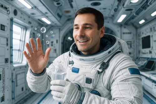 Fototapeta Naklejka Na Ścianę i Meble -  Astronaut smiling while playing with floating water droplets inside a space station, illustrating creative hydration in zero gravity environment. Ai generative