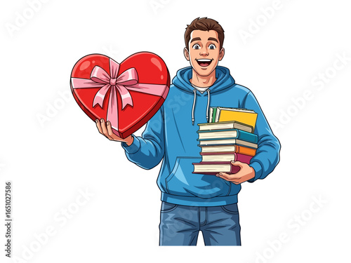 The Gift of Knowledge: A cheerful individual clutches a heart-shaped gift box and a stack of books, symbolizing the love for reading, education, and the joy of learning.