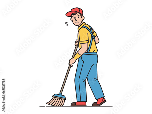 Tired Cleaner: A fatigued cleaner, clad in work attire and cap, sweeps the floor with a broom. This illustration captures the essence of labor.