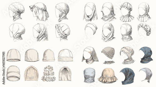 Hand-drawn hijab and headscarf style design set. Fashion sketch showing various wrapping techniques, caps, and under scarves. Ideal for fashion design, textile, and concept art.
