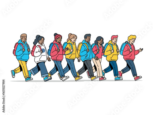Backpackers in Synchronized Stride: A diverse group of backpack-toting individuals strides in unison, their synchronized movement suggesting a shared purpose and journey.