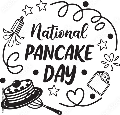 Whimsical National Pancake Day Celebration with Cake and Cute Doodles