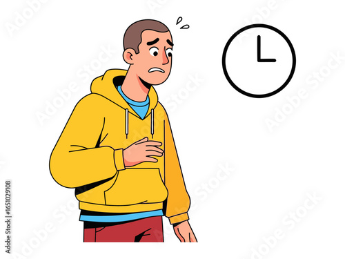 Lost in the Hourglass: A young man, his expression etched with anxiety, glances at the clock, portraying the gripping fear of time slipping away and the burden of pressure.