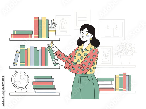 Shelves of Knowledge: A woman meticulously arranges books on a shelf, her actions reflecting a passion for reading and a celebration of knowledge, in a clean, modern space.
