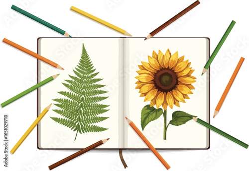 An open sketchbook with detailed botanical drawings of a fern and a sunflower, surrounded by colored pencils.