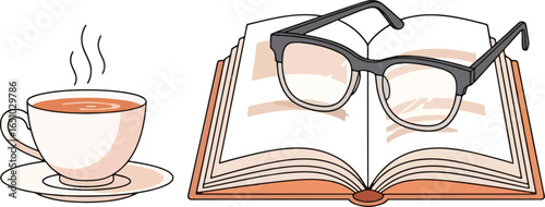 A relaxing scene with a steaming cup of tea or coffee next to an open book with reading glasses resting on top.
