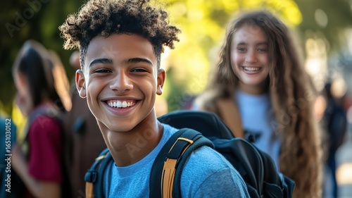 Close-up shot, school starts, students’ happy smiles on campus