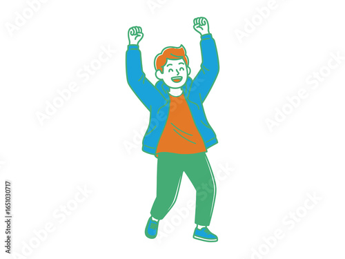 Joyful Exuberance: A vibrantly illustrated figure celebrates with arms raised in a display of pure, unadulterated happiness and excitement. 