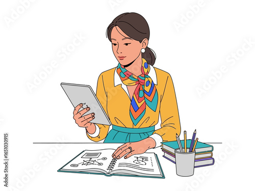 Focused Professional: A female professional studies her tablet, with a notebook and other stationary supplies. Focus and attention to detail are evident, hinting at careful planning.