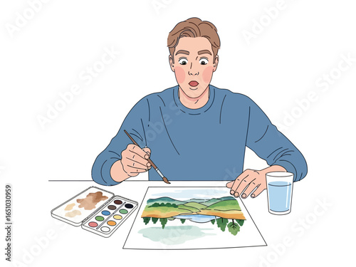 Artist's Awe: A focused artist gazes in amazement at a completed watercolor landscape painting. A study of the world, captured with emotion. 
