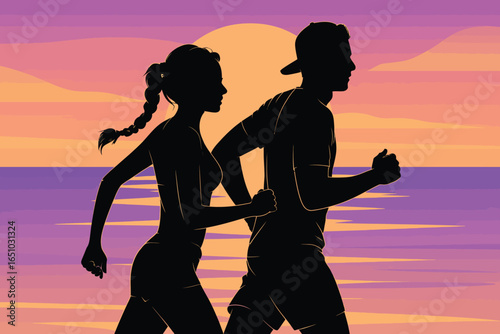 Silhouettes of two runners at sunset near water, with warm gradient sky and reflections, symbolizing unity, motion, and outdoor vitality