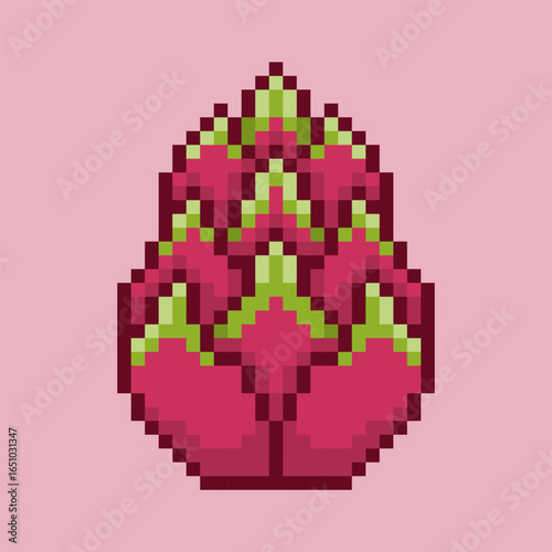 Retro pixel art dragon fruit icon. This illustration features the iconic pink skin and green scales, making it an excellent symbol for tropical and healthy foods