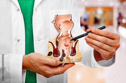 Doctor Demonstrating Human Anorectal Anatomy with Model in Medical Setting