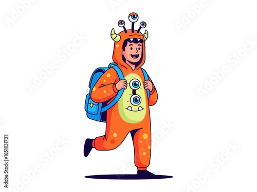 Joyful Monster: A young individual, adorned in a vibrant monster costume, gleefully struts with a backpack, epitomizing the fun-filled spirit of creative self-expression.