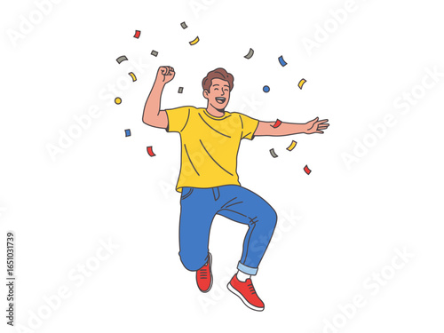 Ecstatic Man Celebrating: A cheerful man, consumed by jubilant energy, leaps mid-air amidst a cascade of colorful confetti, showcasing a moment of pure elation.