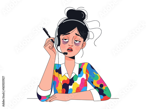 Exhaustion and Overwork: A tired woman, burdened by the weight of fatigue, leans wearily with headset and pen, expressing the emotional toll of demanding work and stress.