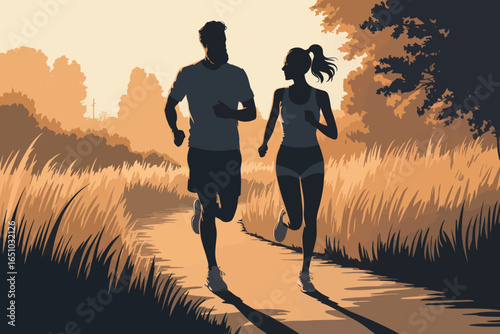 Silhouettes of two joggers running through tall grass at sunrise or sunset, symbolizing wellness, motion, and natural vitality