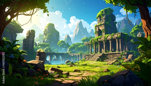 Lush Jungle Ruins, Ancient Temple, Mountain Scenery.