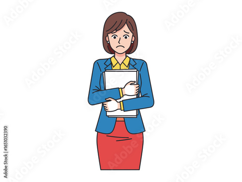 Uptight businesswoman: A businesswoman stands with folded hands holding files, reflecting a tense, nervous, and stressed demeanor in a cartoonish illustration.