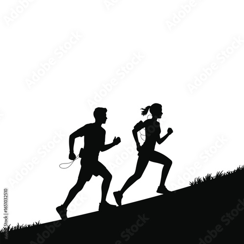 Silhouettes of two runners ascending a grassy incline, symbolizing endurance, strength, and shared determination in a minimalist outdoor scene
