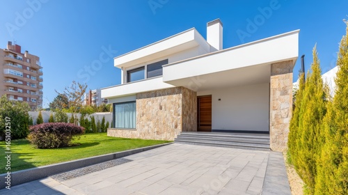 Modern architectural design of a stylish house with landscaped garden under a clear blue sky