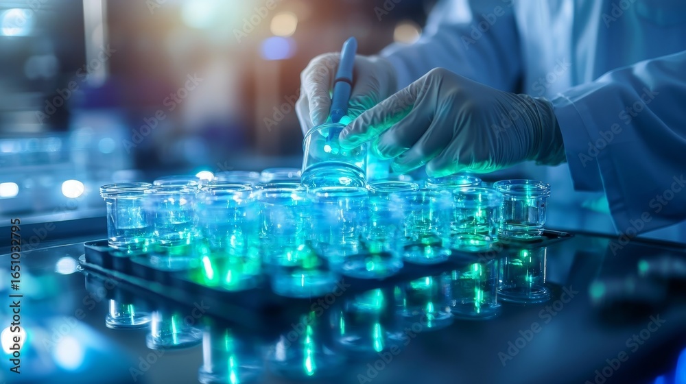 Obraz premium A scientist in gloves works with laboratory equipment under blue lighting.